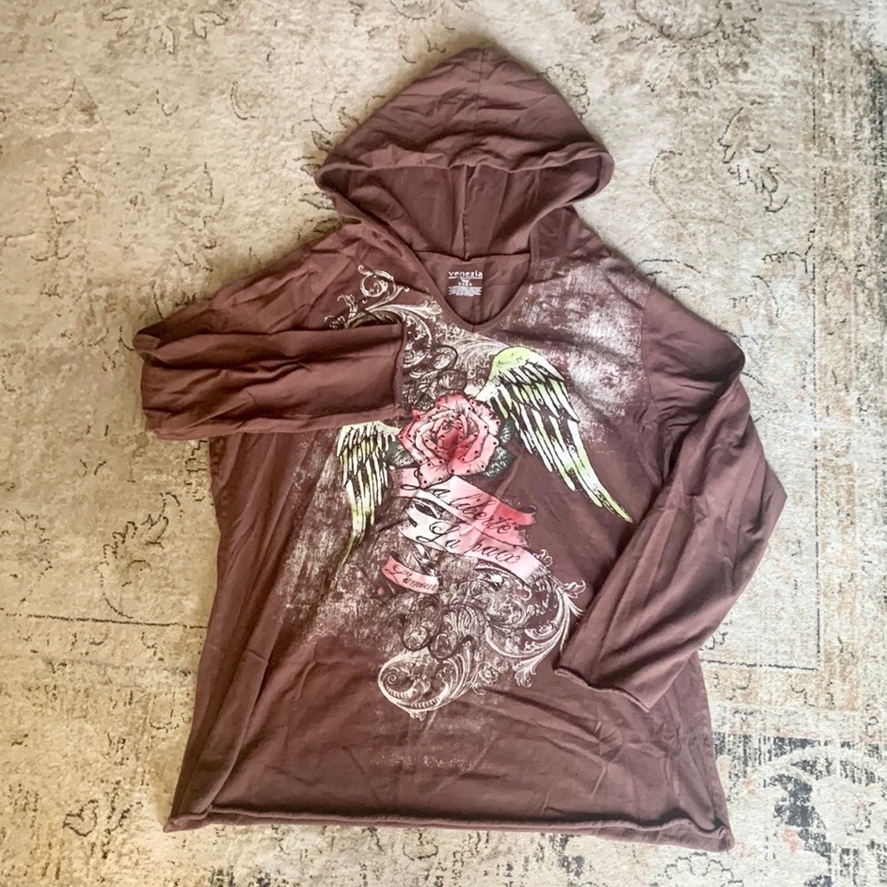 Venezia Rose Flag Embellished Hoodie Blouse 18/20 3/4 sleeve - A - 002